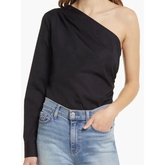 Halogen Poplin One Shoulder Top Long Sleeve Ruched White Shirt Size L Cotton - Picture 8 of 9